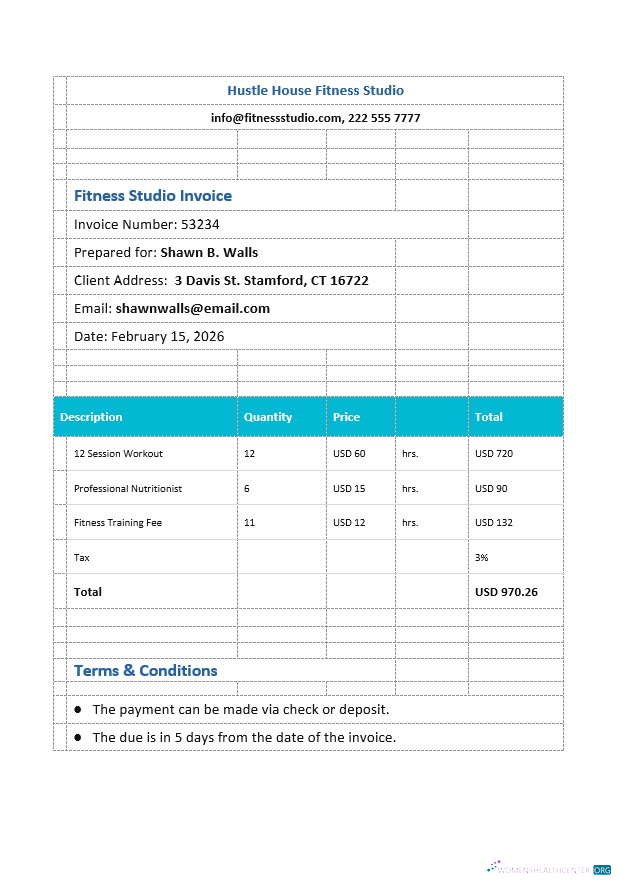 Download Fitness Studio Invoice Template Photoshop template